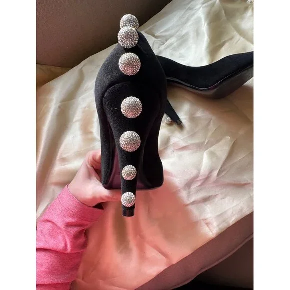 Saint Laurent Crystal Embellishments Suede Heels Pumps Black Size 36 - Picture 5 of 10